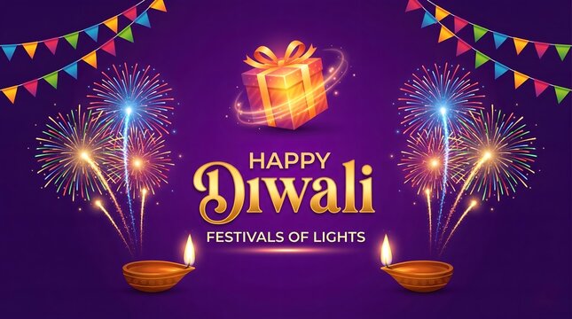 Gelukkige Diwali-groet met vuurwerke, diyas en feestelike versierings op 'n pers agtergrond, wat die fees van ligte vier