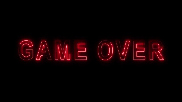 Glowing red neon game over text animation on black background, retro arcade gaming visual effect neon text