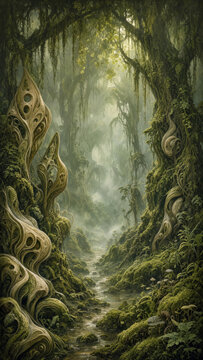 Ethereal abstract forest canopy featuring curved biomorphic flora and morning mist