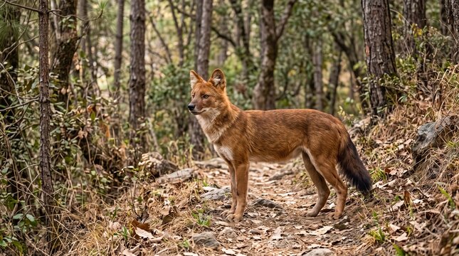 Dhole Standing Alert on a Forest Trail in the Himalayan Woodland