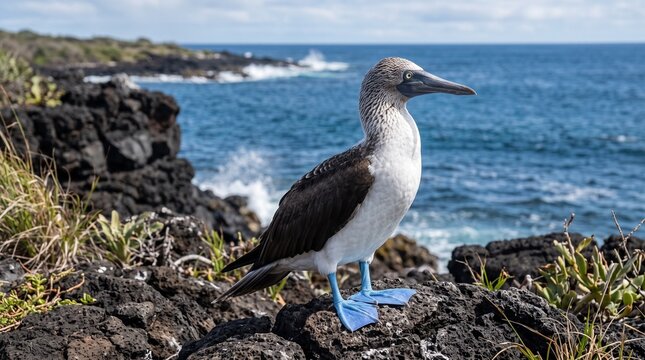 Blue-Footed Booby Standing on Volcanic Rock Along a Pacific Island Coast