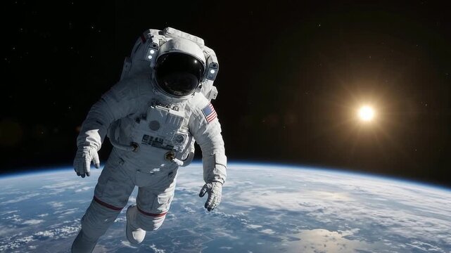 Astronaut floating in deep space with earth background