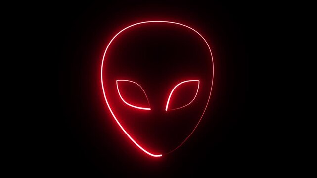 Glowing red neon alien head outline with pulsing light effect on black background, for sci-fi themes extraterrestrial