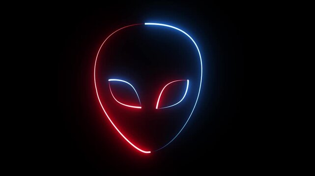 Neon alien head glowing with red and blue light animation on black background, loopable sci-fi motion