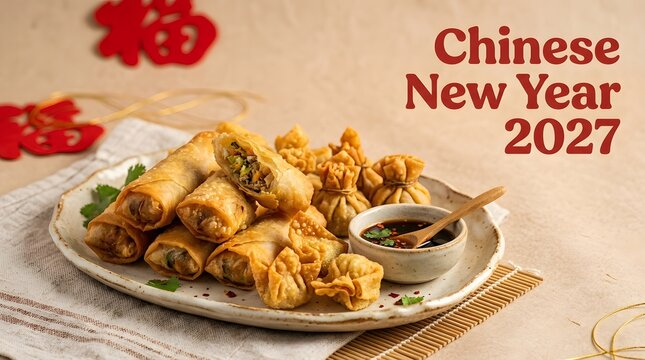 Fried spring rolls and wonton appetizers on a ceramic plate for chinese new year.