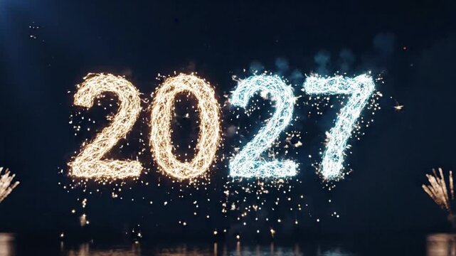 Sparkling firework display forming the years 2027 and 2022 in a celebratory nighttime scene