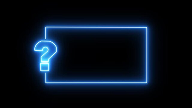 Blue neon glowing question mark frame animation on black background, for faq and, problem solving concepts