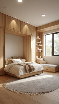 Warm Japandi bedroom interior with custom wooden headboard frame, window seat, and soft bed linen