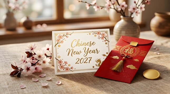 Chinese new year 2027 greeting card with red envelope and cherry blossoms.
