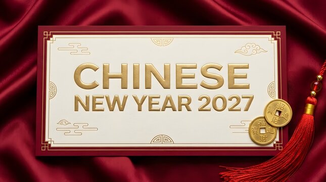 Chinese new year 2027 greeting card with gold and red silk background.