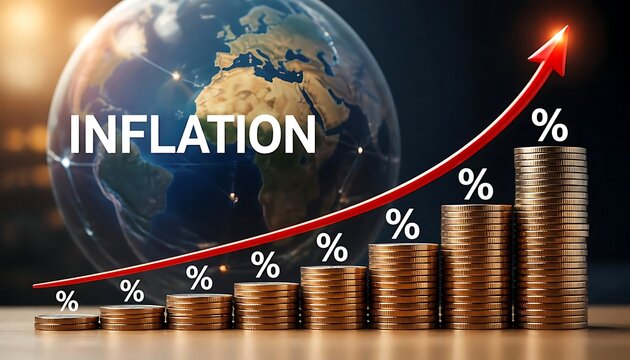 Global inflation concept with rising percentage rates and stacked gold coins increasing in height, upward red growth arrow over world globe background, economic crisis and cost of living increase
