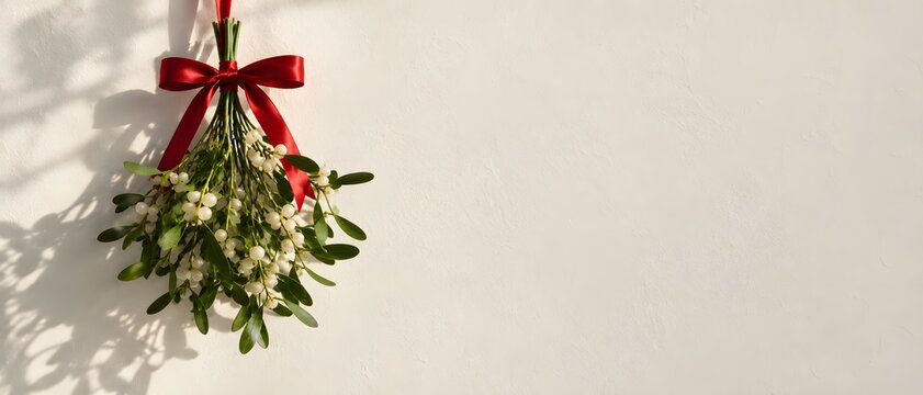 Artisanal Christmas mistletoe bouquet with green leaves and white berries tied with elegant red satin ribbon bow hanging on sunlit textured white wall, holiday banner with copy space