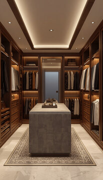 Luxury modern walk-in closet interior design with wooden wardrobes and warm LED lighting
