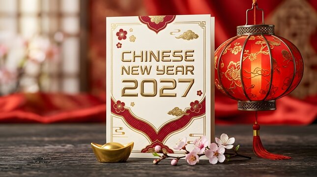 Chinese new year 2027 greeting card with red lantern and gold ingot.