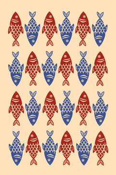 Retro folk fish seamless pattern