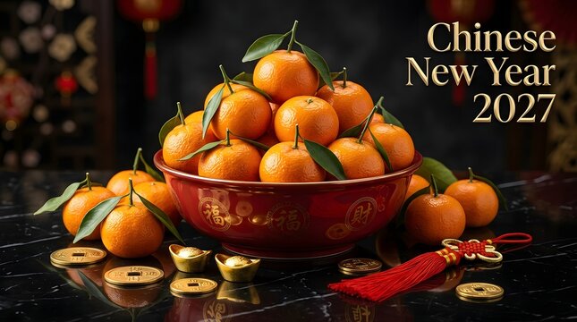 Prosperity bowl filled with fresh mandarin oranges for chinese new year.