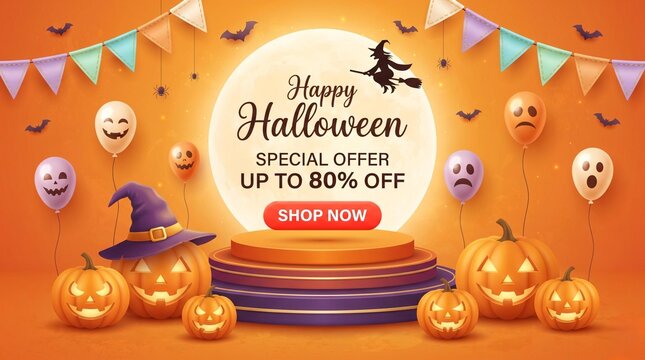 Happy Halloween Sale Banner with Product Podium and Ghost Balloons