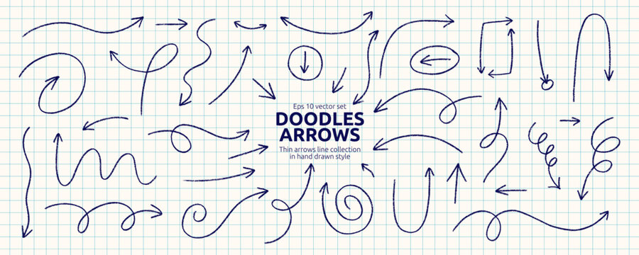 Blue Pen Crayon Line Arrow Set in Scrapbook Bg. Thin Handdrawn Brush Line Arrows Kit. Twirl Thin Stroke Pen Arrow Collection. Sketchy Doodle Vector Illustration