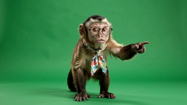 Capuchin monkey wearing glasses and a colorful neck scarf pointing forward against a solid green background