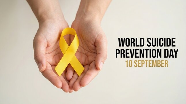 Hands holding a yellow ribbon for mental health awareness and aids in suicide prevention on september tenth