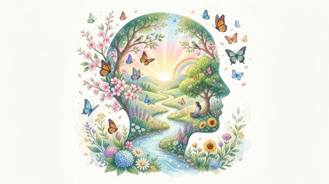 Conceptual illustration of human head silhouette representing mental health and aids for emotional well being and nature connection