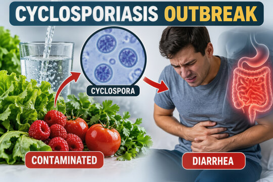 Cyclosporiasis outbreak Cyclospora cayetanensis contaminated food water causing severe diarrhea digestive illness leafy greens berries tomatoes glass of water microscope oocysts public health warning