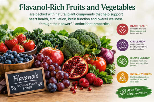 Flavanol rich fruits and vegetables promoting heart health circulation brain function and overall wellness with berries apples pomegranate broccoli leafy greens nutrition antioxidants infographic