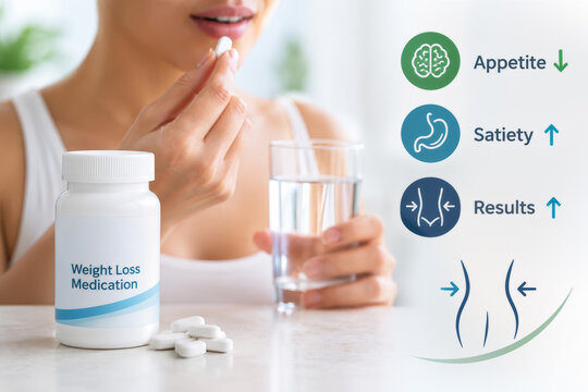 Prescription weight loss medication bottle and woman taking pill for appetite suppression enhanced satiety non invasive obesity management oral clinical treatment concept