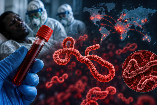 Ebola virus outbreak blood test diagnosis concept with contagious viral infection, deadly pathogen, epidemic spread and global transmission map Ebola