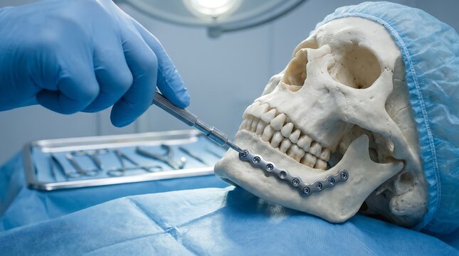 Surgeon Performing Maxillofacial Surgery with Titanium Plate on Human Skull Model, Reconstructive Craniofacial Mandible Trauma Fixation in Operating Room, Medical Dental Training Care
