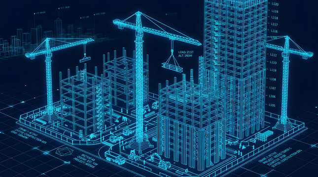 Blueprint for Progress: A futuristic architectural blueprint illustrates a modern city under construction, featuring towering skyscrapers, cranes, and infrastructure.