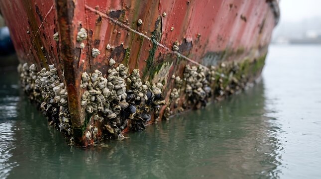 Barnacle encrusted bow of an old rusted fishing boat floating in calm harbour water with fishing vessel ship hull marine life ocean life wooden boat barnacles