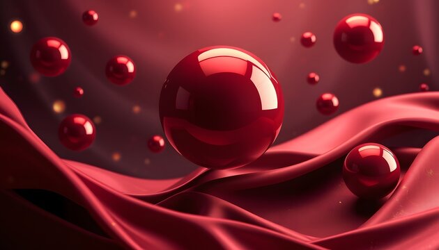 Glossy red spheres floating on elegant draped satin fabric background for luxury design