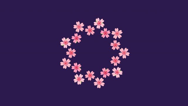 Pink cherry blossom circles floating on a purple background