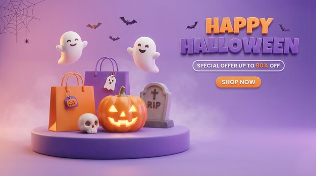Happy Halloween Sale Banner with 3D Shopping Bags and Cute Ghosts