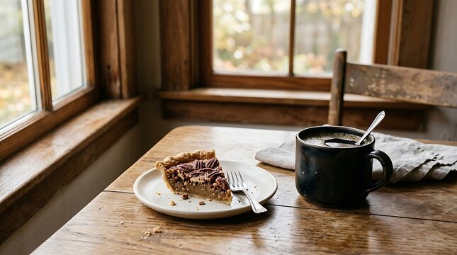 Thanksgiving pecan pie slice and coffee on rustic wooden table
