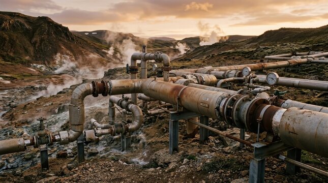 Industrial geothermal energy plant with extensive pipeline infrastructure releasing steam into a rugged, hilly landscape under a hazy sky.
