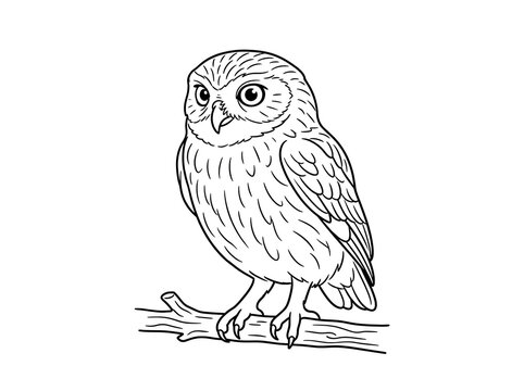 Cute little owl sitting on a branch line art coloring page vector illustration
