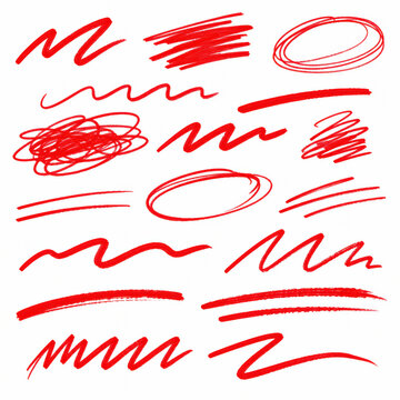 Set of hand drawn red marker strokes and scribbles on white background
