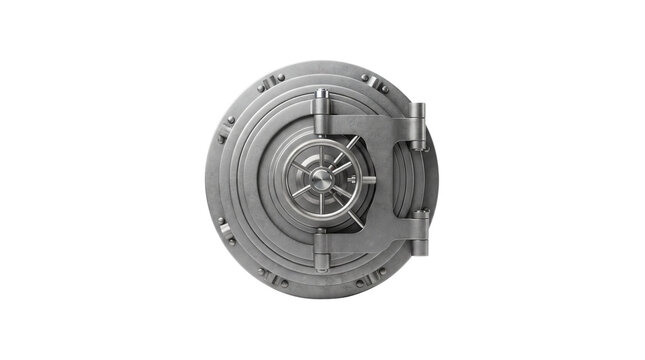 Heavy metal bank vault door, secure steel safe door mechanism, financial security asset concept isolated PNG with Transparent Background