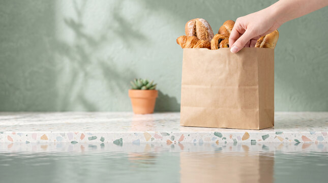 A hand reaching into a brown paper bag filled with assorted baked bread and pastries, set against a textured mint green wall with dappled sunlight shadows