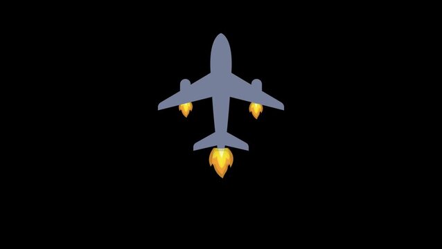 Airplane flying upward with jet thruster fire animation.