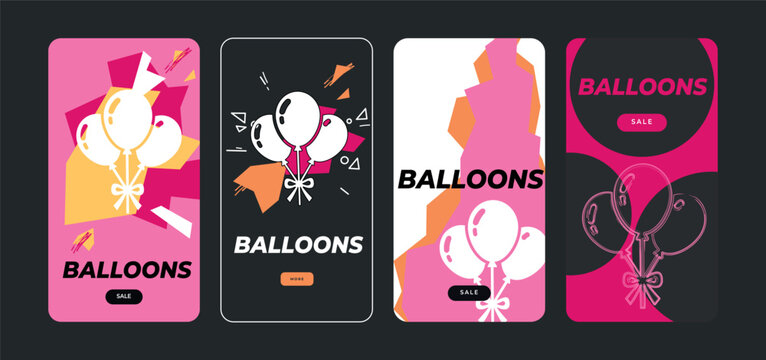 Vertical web ad with Birthday celebration balloons on colorful geometric backgrounds. Balloons text.