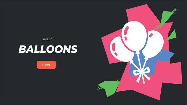 Web banner with Birthday celebration balloons and geometric shapes on dark background. Balloons text.
