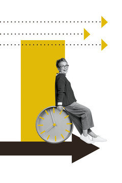 Vertical poster collage mature woman deadline time management arrangement schedule clock limit countdown arrow direction drawing background