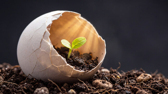Conceptual macro shot of a small green sprout growing from cracked white eggshell filled with soil, new life concept