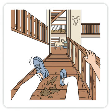 Person falling down wooden stairs with goat droppings