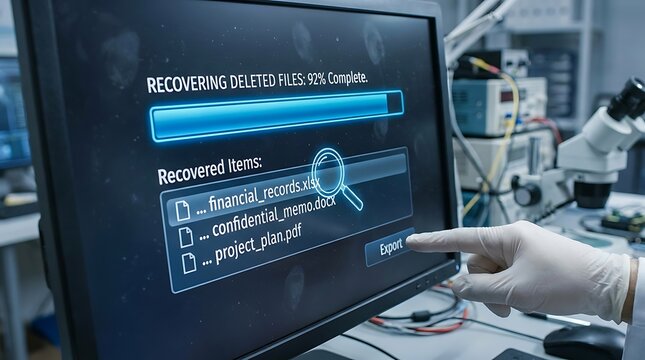 A gloved hand points to an export button on a computer screen displaying the recovery of deleted confidential files and financial records during a digital forensics operation.