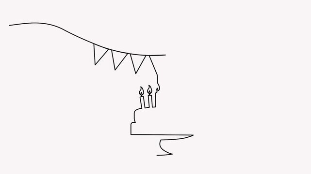 Line art birthday cake animation video with festive celebration banners