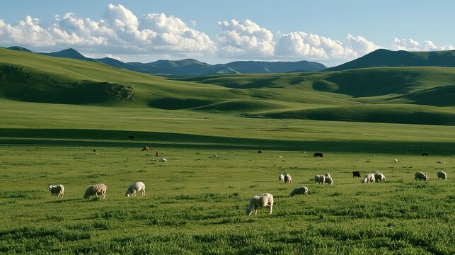 simple documentary science‑popular picture, restored degraded grassland full of vitality, rolling grassland, scattered cattle and sheep, distant hills